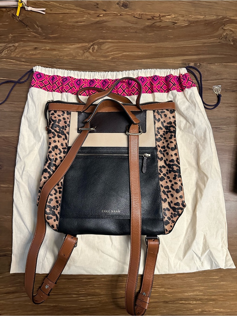 Cole Haan Black, Brown & Leopard Leather Convertible Backpack